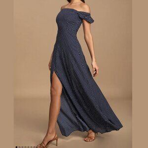 NWOT Lulus Dream Love Navy Blue Polka Dot Off-the-Shoulder Maxi Dress Size Small